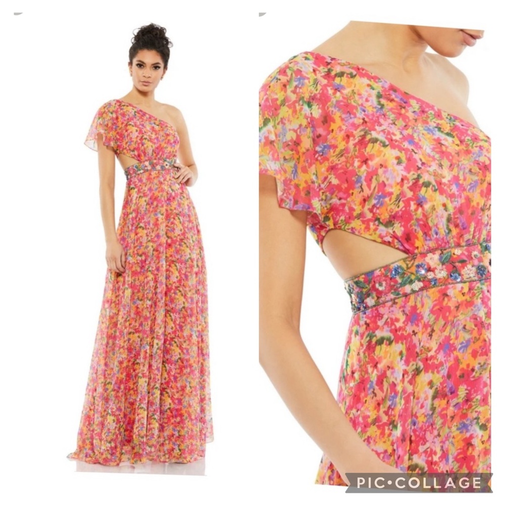 NWT Mac Duggal 9157 Floral One Shoulder Butterfly Sleeve Sequined Waist sz 4